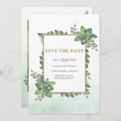 Moss Green Gold Waterverf Succulent Lijst Wedding Save The Date (Voorkant / Achterkant)