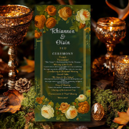 Moss Green & Gold Woodland Druid Hills Huwelijk Programmakaart