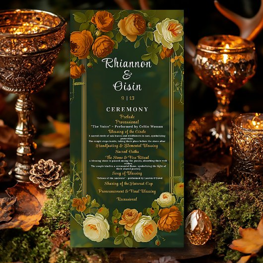 Moss Green & Gold Woodland Druid Hills Huwelijk Programmakaart