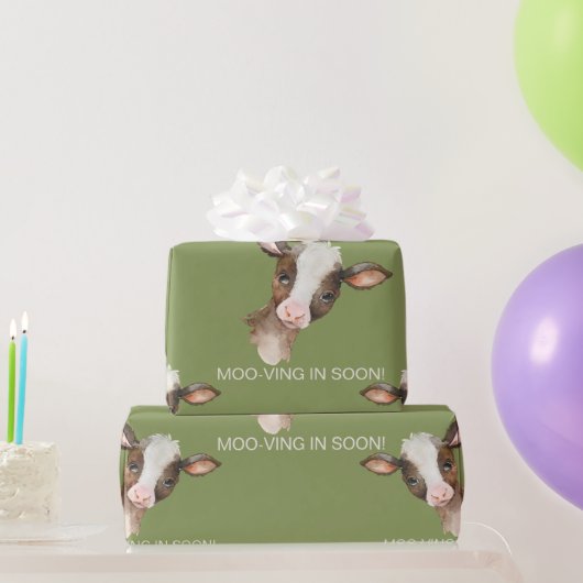 Moss Green Koe Moo-ving in Soon! Baby Shower Cadeaupapier (Feestgeschenken)