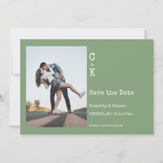 Moss Green minimalistische monogram foto Save The Date (Voorkant)