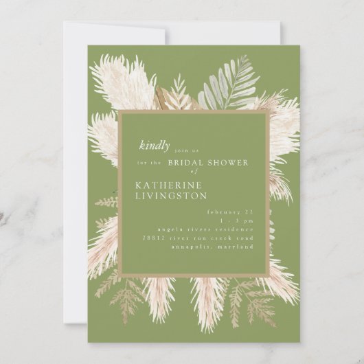 Moss Green Modern Pampas Bruids Douche Uitnodiging (Voorkant)