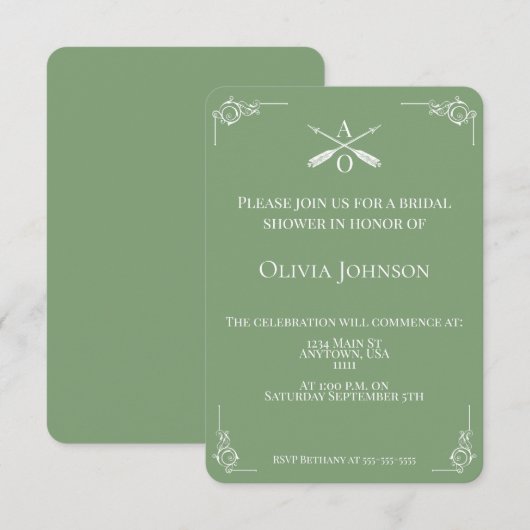 Moss Green Monogram en Pijlen Vrijgezellenfeest Kaart (Voorkant / Achterkant)