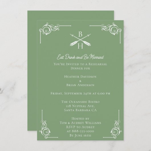 Moss Green Monogrammen en pijlen repetitie diner Kaart (Voorkant / Achterkant)