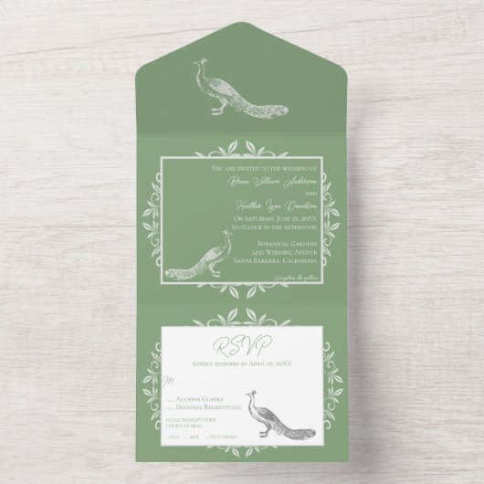 Moss Green Peacock bloeit alles in één uitnodiging (Binnen)