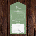 Moss Green Peacock bloeit alles in één uitnodiging<br><div class="desc">Nodig gasten uit voor je aanstaande bruiloft met een Moss Green Peacock Flourish All in One Wedding Invite. Nodig ontwerp uit kenmerkt een elegante pauw die met bloei met een geperforeerde reactiekaart wordt bewandeld. Personaliseer met de bruom en de namen van de bruid samen met de trouwdatum en de plaats....</div>