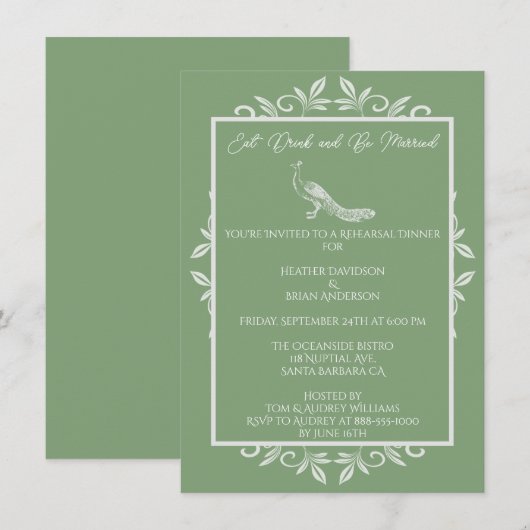 Moss Green Peacock Flourish Rehearsal Dinner Kaart (Voorkant / Achterkant)