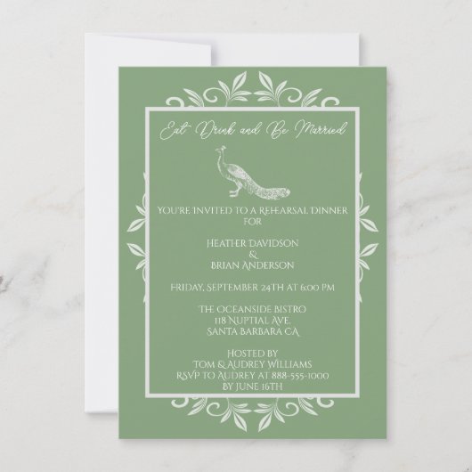 Moss Green Peacock Flourish Rehearsal Dinner Kaart (Voorkant)
