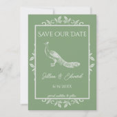 Moss Green Peacock Flourish Save the Date Aankondiging (Voorkant)