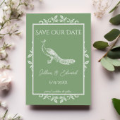 Moss Green Peacock Flourish Save the Date Aankondiging