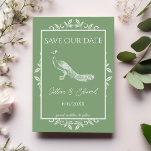 Moss Green Peacock Flourish Save the Date Aankondiging