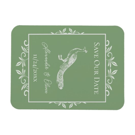 Moss Green Peacock Flourish Save the Date Magnet Magneet (Horizontaal)