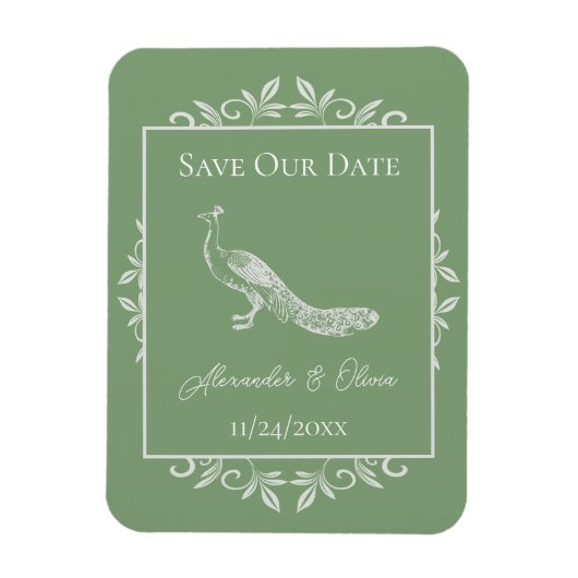 Moss Green Peacock Flourish Save the Date Magnet Magneet (Verticaal)