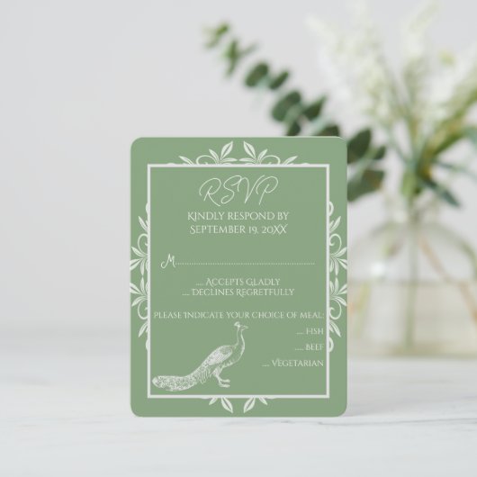 Moss Green Peacock Flourish Wedding RSVP Card (Staand voorkant)
