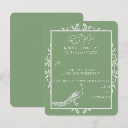 Moss Green Peacock Flourish Wedding RSVP Card (Voorkant / Achterkant)