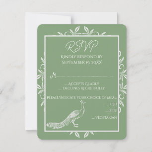 Moss Green Peacock Flourish Wedding RSVP Card Kaartje