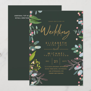 Moss Green Roos Gold Wedding Invites