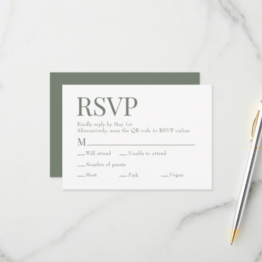 Moss Green Scan QR Code Maaltijdkeuze Trouwen RSVP Kaartje (Voorkant / Achterkant in situ)