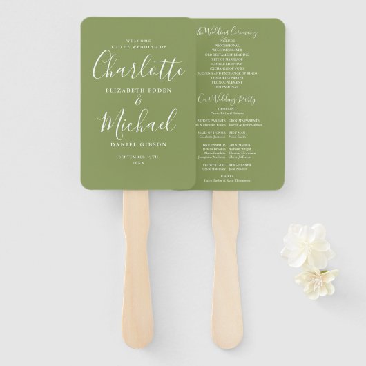 Moss Green Signature Script Wedding Program Handwaaier (Voorkant en achterkant)