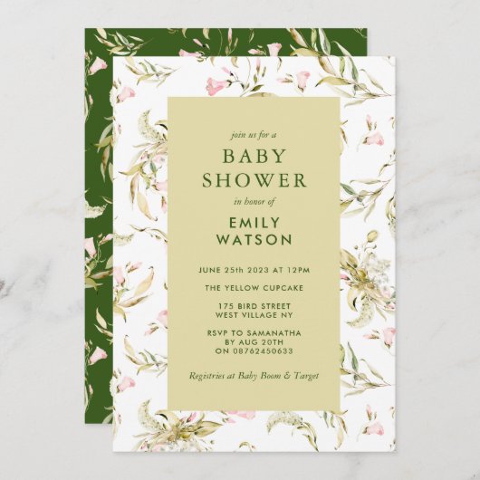 Moss Green Spring Wildflower Baby shower Kaart (Voorkant / Achterkant)