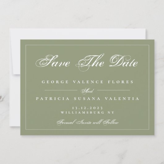 Moss Green White Classic Traditional Elegant Save The Date (Voorkant)