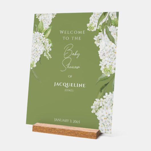 Moss Green White Floral Baby shower Welkom Acryl Bord (Hoek)