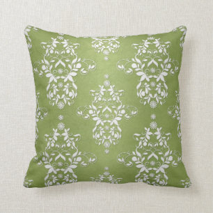 Moss Groen en Witte Bloemen Damask Kussen