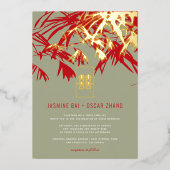 Moss & Red Bamboo laat dubbelXi Chinese bruiloft o Folie Uitnodiging (Voorkant)