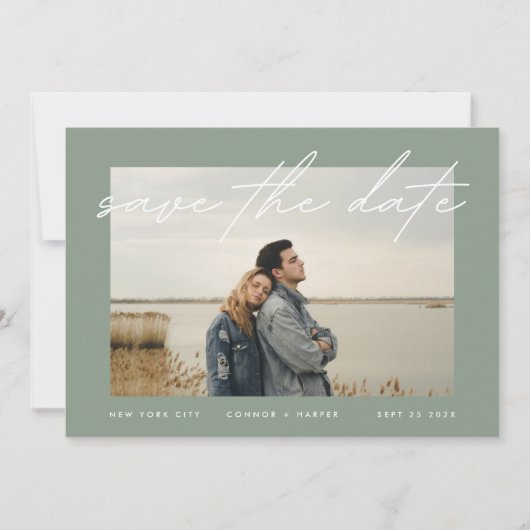 Moss Sage Green White Elegant Border Foto Save The Date (Voorkant)