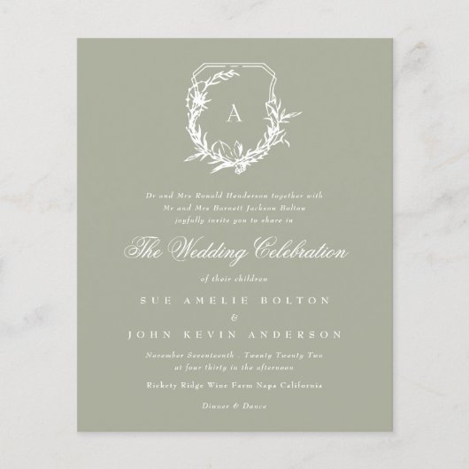 Moss Sage Green White floral monogram crest Budget Flyer (Voorkant)