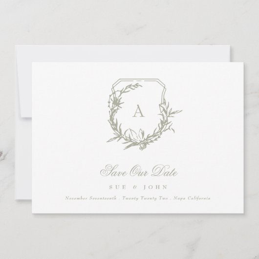 Moss Sage Green White  monogram crest Save The Date (Voorkant)
