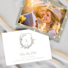 Moss Sage Green White  monogram crest Save The Date