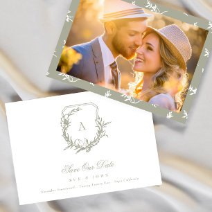 Moss Sage Green White monogram crest Save The Date