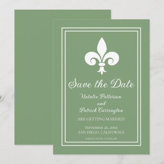 Mossgroene Fleur de Lis Save the Date-uitnodiging Kaart (Voorkant / Achterkant)