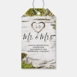 Mossy Birch Tree Heart Mr en Mrs Wedding Cadeaulabel