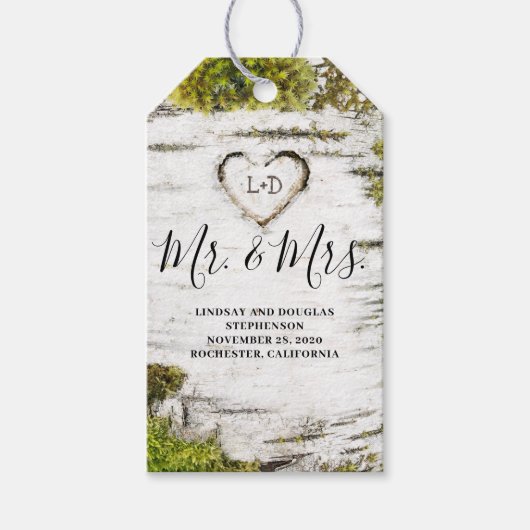 Mossy Birch Tree Heart Mr en Mrs Wedding Cadeaulabel (Voorkant)