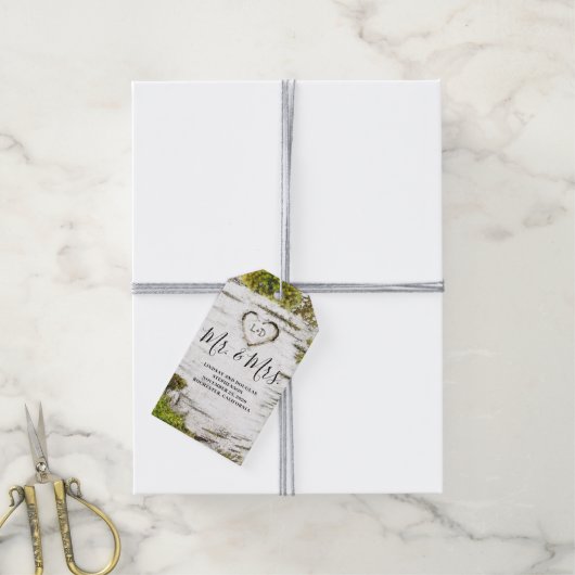 Mossy Birch Tree Heart Mr en Mrs Wedding Cadeaulabel (Met Touw)