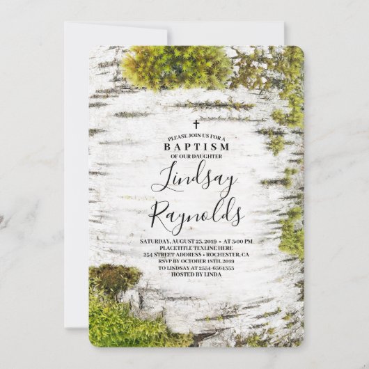 Mossy Birch Tree Rustic Countryside Baptisme Kaart (Voorkant)