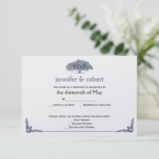 Mossy Oak Tree in Blue Wedding Response Kaart (Staand voorkant)