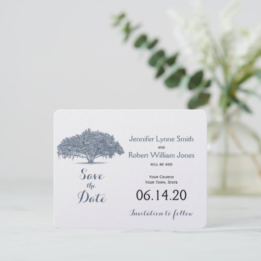Mossy Oak Tree in Blue Wedding Save the Date (Staand voorkant)