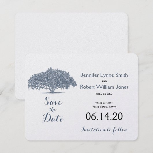 Mossy Oak Tree in Blue Wedding Save the Date (Voorkant / Achterkant)