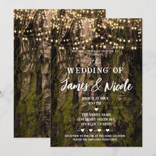 Mossy Tree Woodsy Forest Sparkle Lights Wedding Kaart (Voorkant / Achterkant)