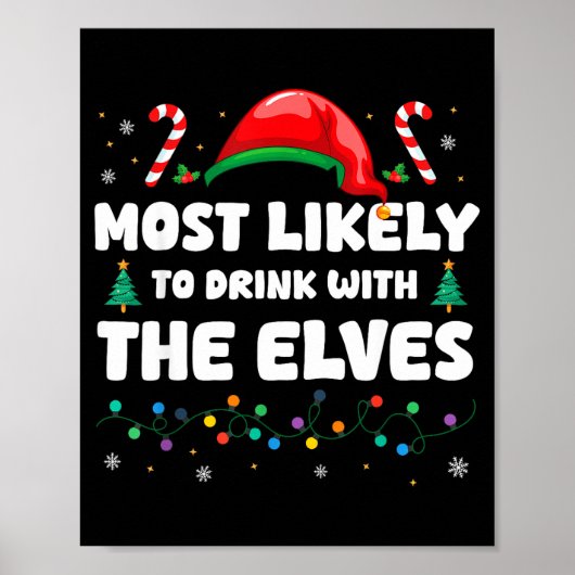 Most Likely To Drink With The Elves Christmas Humo Poster (Voorkant)