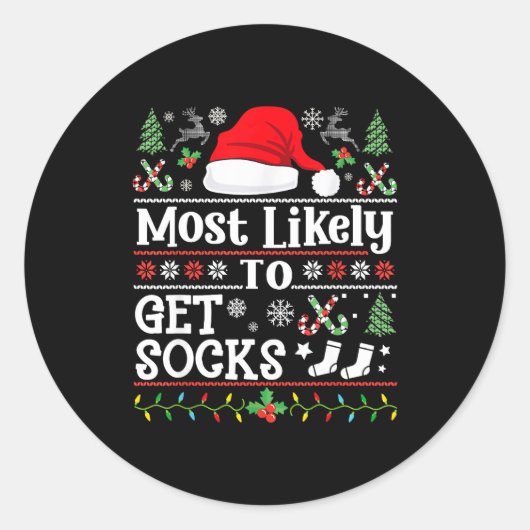 Most Likely To Get Socks - Family Christmas Pajama Ronde Sticker (Voorkant)