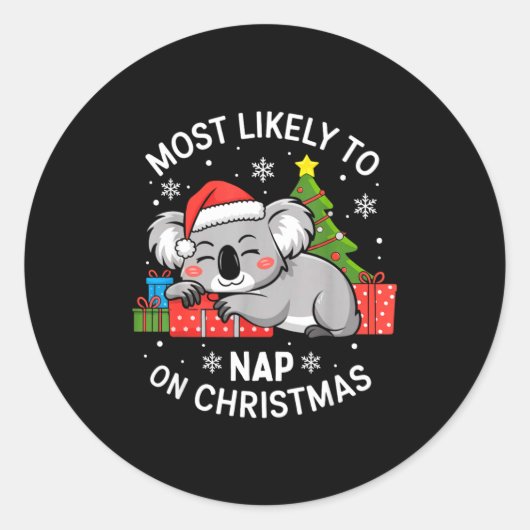 Most Likely To Nap On Christmas Funny Koala Xmas F Ronde Sticker (Voorkant)
