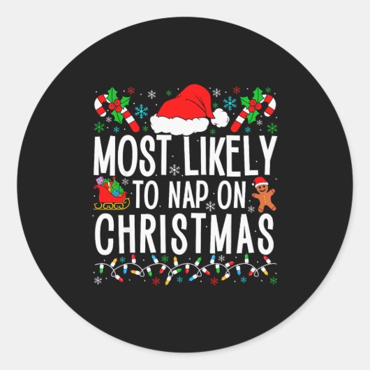 Most Likely To Nap On Christmas Funny Matching Fam Ronde Sticker (Voorkant)