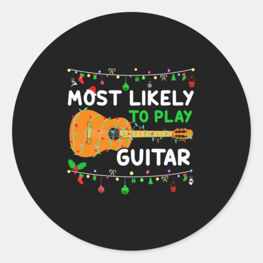 Most Likely To Play Guitar Christmas Funny Family  Ronde Sticker (Voorkant)
