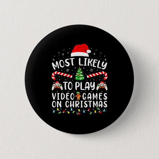 Most Likely To Play Video Games Xmas Family Matchi Ronde Button 5,7 Cm (Voorkant)