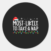 Most Likely To Take A Nap Christmas Ronde Sticker (Voorkant)