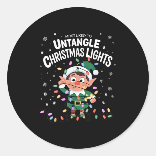 Most Likely To Untangle Christmas Lights Elf Ronde Sticker (Voorkant)